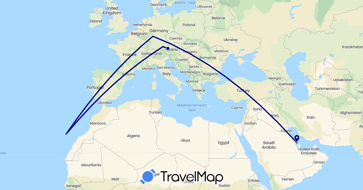 TravelMap itinerary: driving in Austria, Bahrain, Germany, Spain (Asia, Europe)